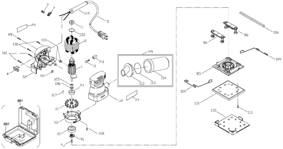 Default Diagram and Parts List for 340K Type 1 Porter Cable Orbital or Palm Sander